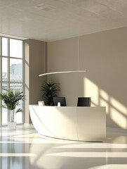 The reception desk is a white elegant curved shape