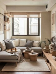 The image portrays an indoor living space with a sofa
