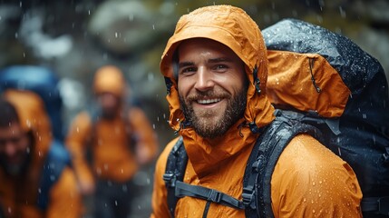 Smiling Hiker in Rain Gear Enjoying a Mountain Trek in the Rain