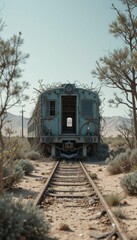 Obraz premium Abandoned Train Car Overgrown with Vines in a Desert Landscape Awe Inspiring View of Nature Reclaiming Transportation