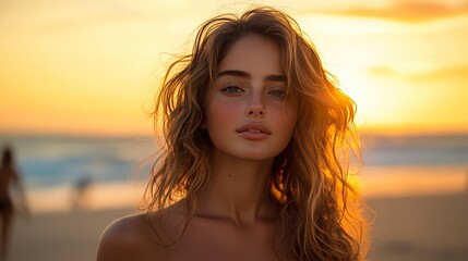 Golden Hour Portrait of a Beautiful Woman on the Beach at Sunset