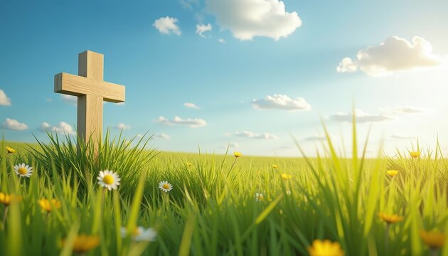 Wooden Cross in Green Grassy Field with Blue Sky and Sunlight