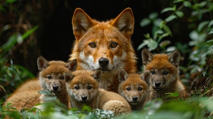 A family of foxes, including a mother and four playful pups, nestled in lush greenery, showcasing their bond