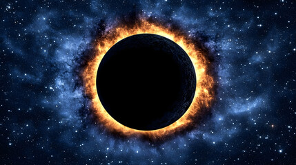 A celestial image depicts a total solar eclipse, showcasing the moon's shadow over the sun