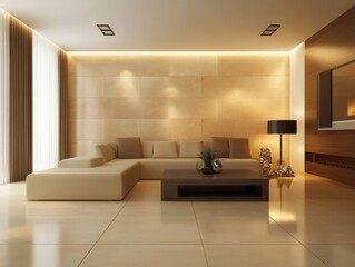 A modern designed living room with beige sofa
