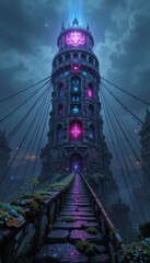 Obraz premium Mysterious glowing tower at night fantasy landscape stone pathway leading to ancient building digital art