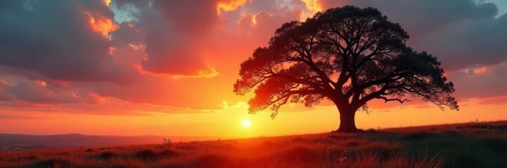 Immense oak, stark silhouette at sunset, grassy field below, shadow, wide shot, field