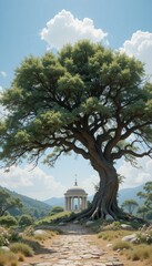 Obraz premium Serene Stone Path Leading to Ancient Temple Under Majestic Tree in Picturesque Landscape