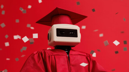 Robot graduate celebrating achievement with graduation cap and confetti on red background