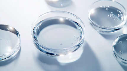 Transparent petri dishes on white surface with clear liquid and bubbles