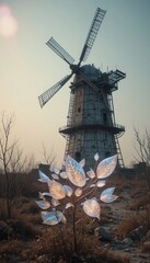 Obraz premium Glowing Plant Near Old Windmill Rural Landscape Serene Nature Scene Tranquil Scenery