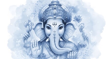 Serene Watercolor Portrait of Lord Ganesha: Hindu Deity in Blue Hues