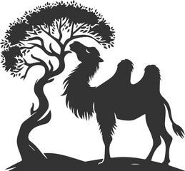 Camel rubbing its face against a tree animal silhouette