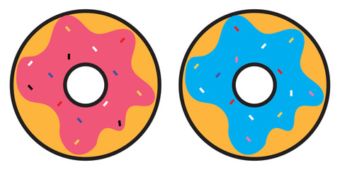 Donut icon. Set of colorful donuts with different colored icing and sprinkles. Vector illustration.
