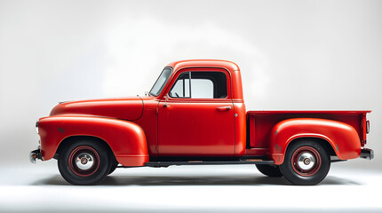 Classic red pickup truck in studio setting, side view
