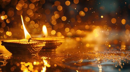Diwali festival golden lamps with sparkling background.