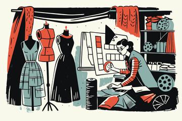 Fashion Designer Sketching in Studio: Seamstress Surrounded by Dress Forms, Fabrics, and Color Swatches