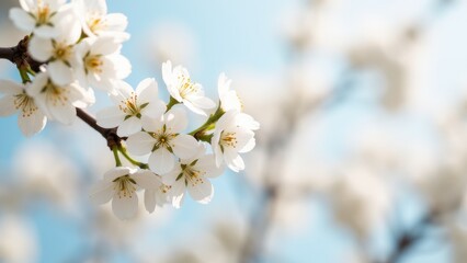 Obraz premium Close-up of white cherry blossoms against a blurred blue sky background.