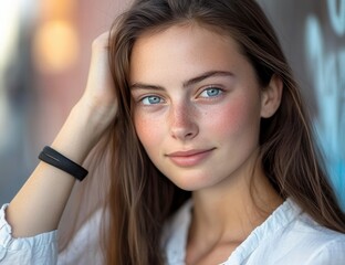 Fototapeta premium A young woman stands in a lively urban setting, showcasing her long hair and warm smile. She exudes joy, interacting playfully with the environment around her