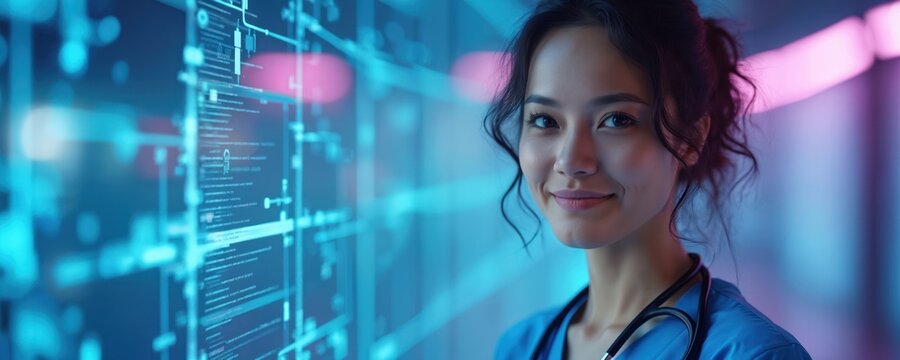 Healthcare pro stands confidently with stethoscope. Asian woman in futuristic laboratory with digital patterns background. Doctor smiling portrait in blue uniform. Medical innovation concept. Digital