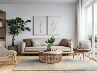 A contemporary and light filled living room interior with plants