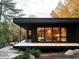 Fototapeta premium A contemporary dwelling sits surrounded by autumn foliage