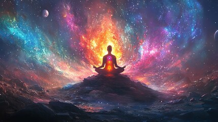 Fototapeta premium Spiritual Meditation in Cosmic Harmony: A Meditator Surrounded by Vibrant Universe and Chakra Energy