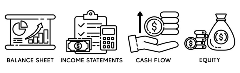 Financial statement banner web icon for business organization, profit, loss, income statement, balance sheet, cash flow and equity. Minimal vector cartoon infographic.