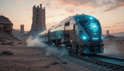 Futuristic high speed train travels across a desert landscape at sunset passing ancient towers