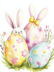 Obraz premium A cheerful illustration featuring a bunny surrounded by colorful, decorated Easter eggs amidst flowers and grass.