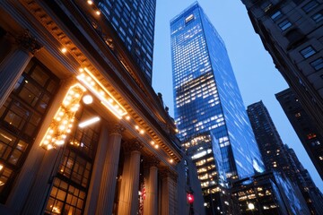 This image portrays the blend of historic and modern architecture in a downtown setting, showcasing intricate details of the past met with sleek contemporary design.