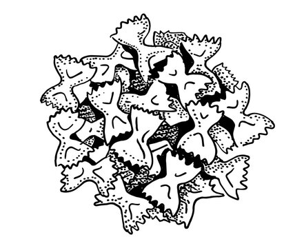 Hand drawn illustration of farfalle. Pasta templates collection for menu design, flyers and brochures. Engraving style hand drawn sketch, vector illustration.