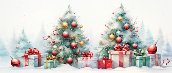Festive Christmas Scene with Decorated Trees and Colorful Gifts