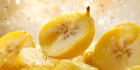 Golden Yellow Pears with Fresh Water Droplets Showcasing Their Natural Sweetness and Juicy Texture in a Stunning Macro Close-Up

