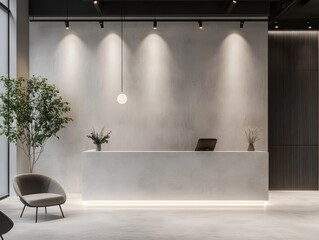 A modern minimalist reception area featuring a reception desk