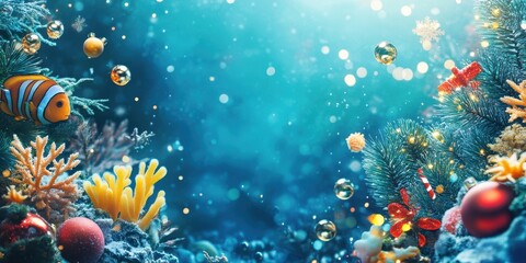 Fototapeta premium An underwater scene depicts a Christmas celebration aesthetic