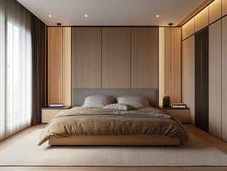 Modern bedroom interior showing a beautifully illuminated interior space