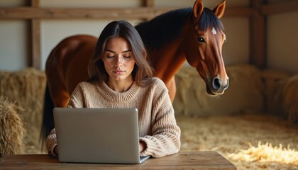 Woman in sweater works on laptop in barn with horse behind her. Rural digital nomad girl using computer with animal looking at screen. Remote work at farm, equestrian lifestyle.