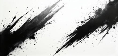 Abstract black grunge splatter line pattern on white transparent background. Ink streaks, paint brush strokes. Minimalistic monochrome art design with edgy chaotic dynamic expressive elements.