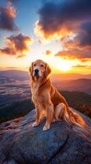 Golden Retriever at Sunset with Majestic Mountain View Reflecting Natural Beauty and Tranquility