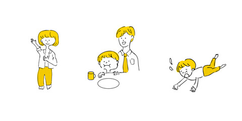 Fototapeta premium Child rearing: changing clothes, brushing teeth, a child falling over, a father watching over them.