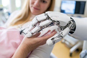A gentle interaction captured between a robotic hand and a human’s hand, emphasizing the emotional connection and the potential of technology to enhance human experiences.