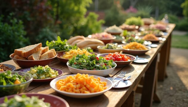 Outdoors community potluck dinner with locally sourced foods on long wooden table. Assortment of healthy meals salads, pasta, bread. Sustainable eating, fresh ingredients, delicious cuisine, organic