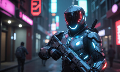 Fototapeta premium futuristic bounty hunter in glowing armor, holding a high-tech weapon, standing in the shadows of a neon-lit cyberpunk street, ultra-detailed)