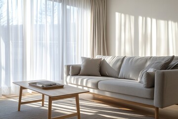 A Scandinavian-style living room with a light gray sofa, a wooden coffee table, 