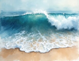 Watercolor painting of ocean wave with sea foam crashing on beach. Abstract summer background, fresh relaxing tropical vacation, positive healthy travel concept. Turquoise blue colours blend