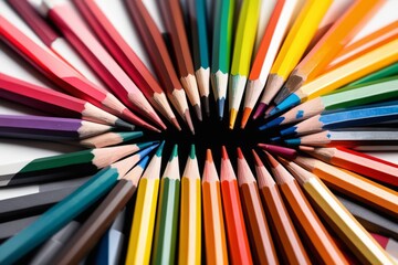 Colored pencils arranged on a white background with vibrant colors and sharp tips