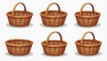 Obraz premium Set of Six Empty Woven Wicker Baskets with Handles on White Background