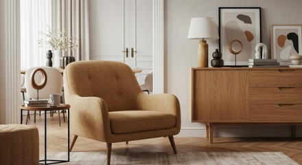 Minimalist, japandi interior design of modern living room with accent armchair