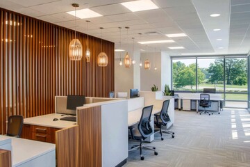 Modern office interior, desks, wood wall, window view, open workspace
